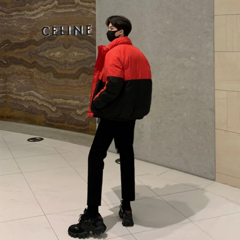 Cotton Coat Men's Winter Color Contrast Stand-up Collar Cotton Coat Korean Version Trend Loose and High-grade Feel Thickened