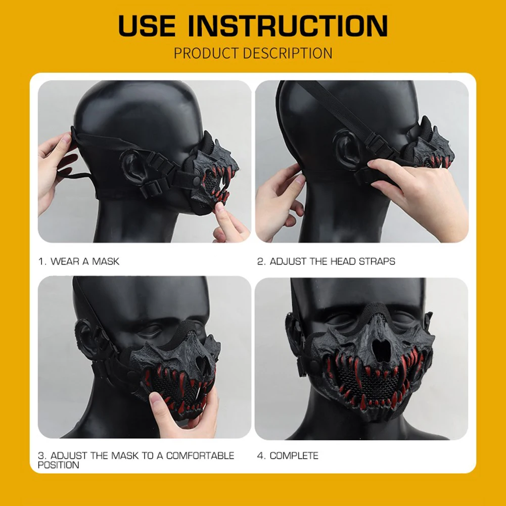 Fangs Cosplay Airsoft Mask Half Face Protective Mask Adjustable Strap Breathable Halloween Horror Party Decoration