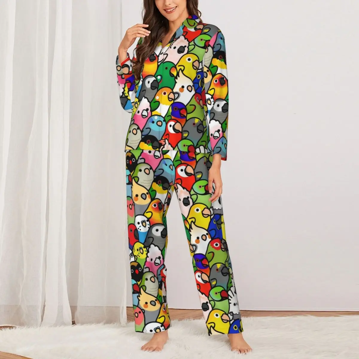 

Женская пижама с красочным рисунком в виде попугая, повседневный комплект из 2 предметов, домашний костюм оверсайз с длинными рукавами