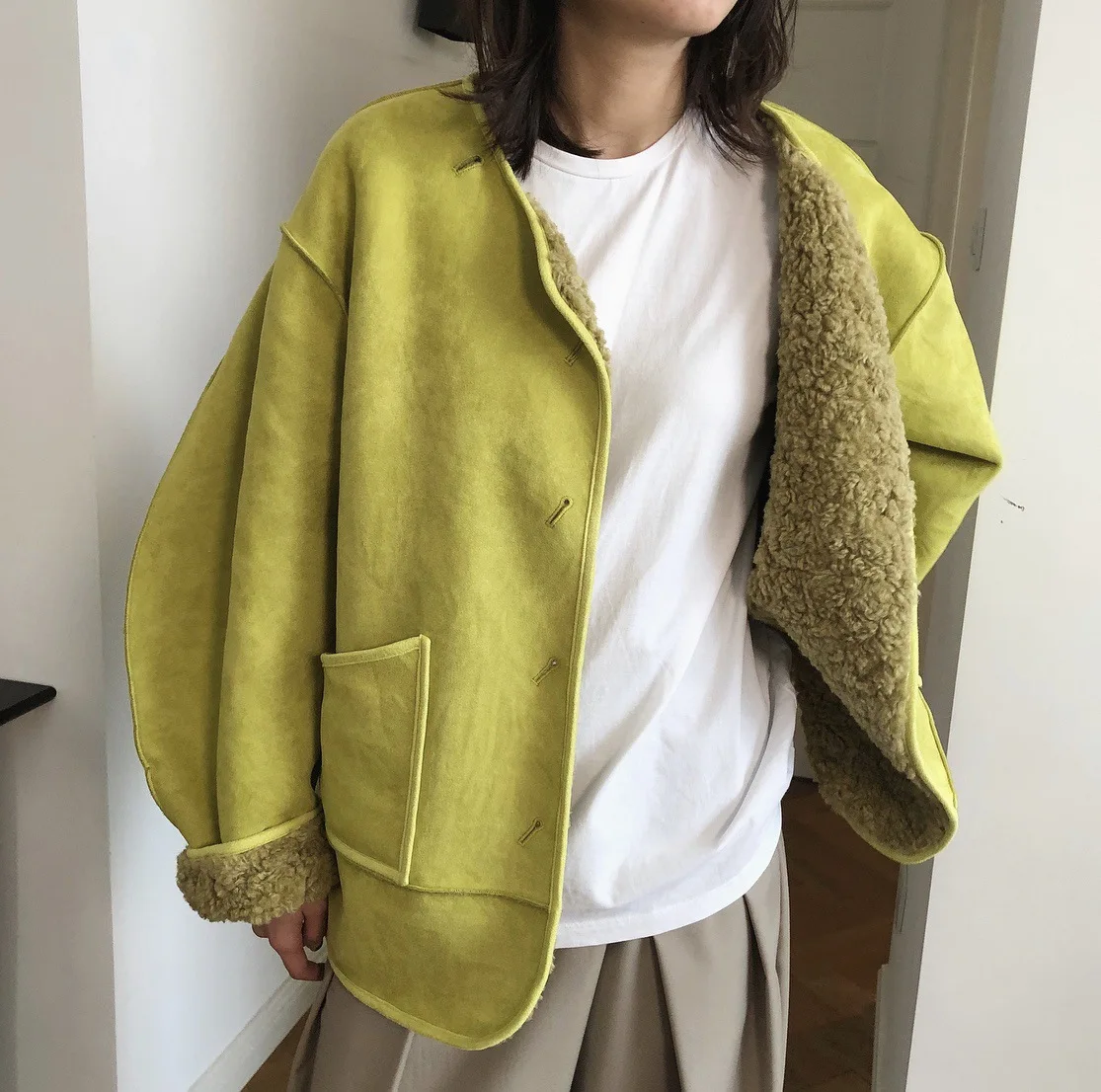 

Autumn and winter women's casual solid loose lamb wool reversible jacket
