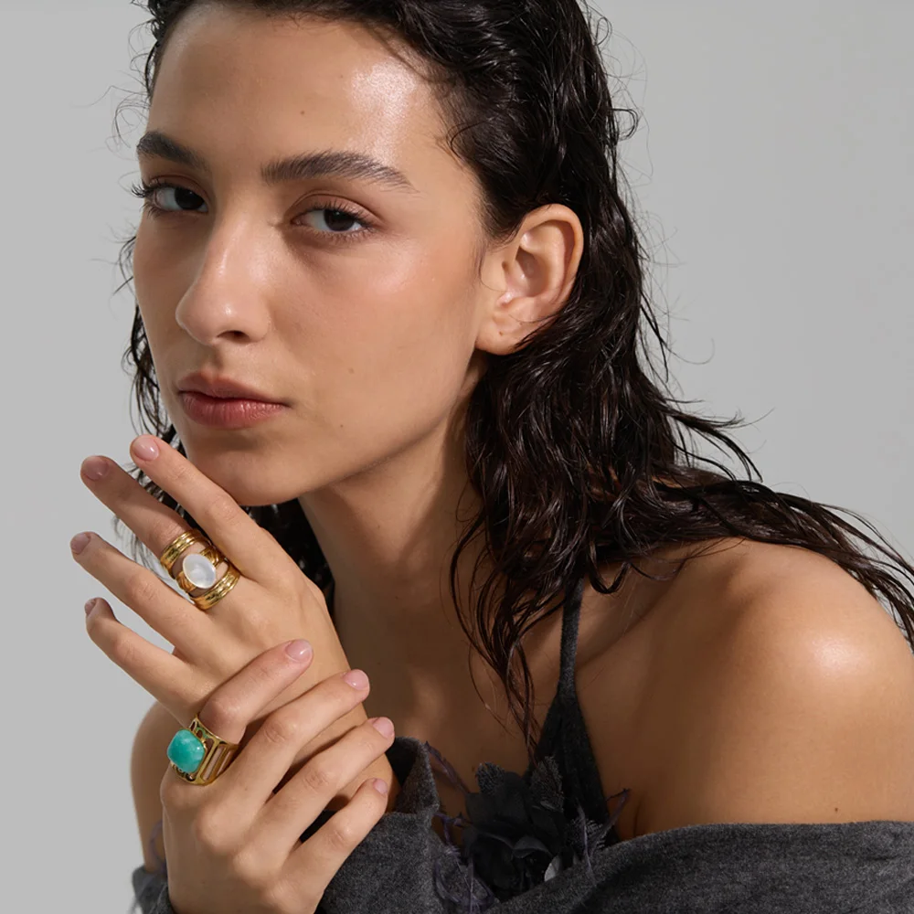 Yhpup Natural Amazonite Ring for Women 18K Golden Plated Stainless Steel