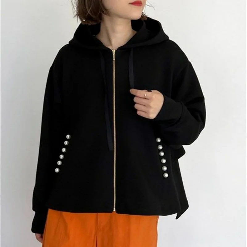

Peals Beading Hoodies Sweatshirt Women Cardigan Jacket Coat Autumn Korean Fashion Causal Long Sleeve Hooded Outwear Tops Clothes
