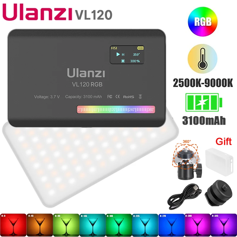 Ulanzi VL120 RGB LED Video Light Camera Light Full Color Rechargeable 3100mAh Dimmable 2500-9000K Panel Photo Studio Lamp
