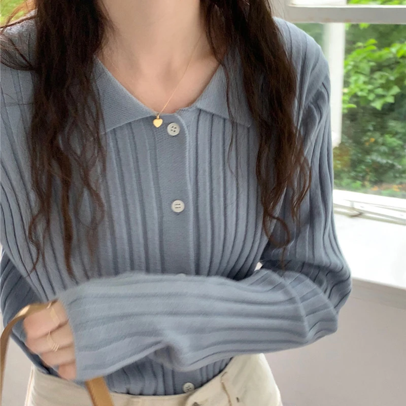 Elegant Turndown Collar Long Sleeved Knitted Cardigan Autumn/winter Retro Sweater Cardigan Casual Solid Slim Fit Top for Women