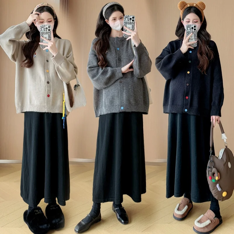 봄가을 임산부 니트 스웨터 세트 2026 신상 루즈핏 다용도 자수 강아지 오픈 가디건 미니스커트 투피스 세트