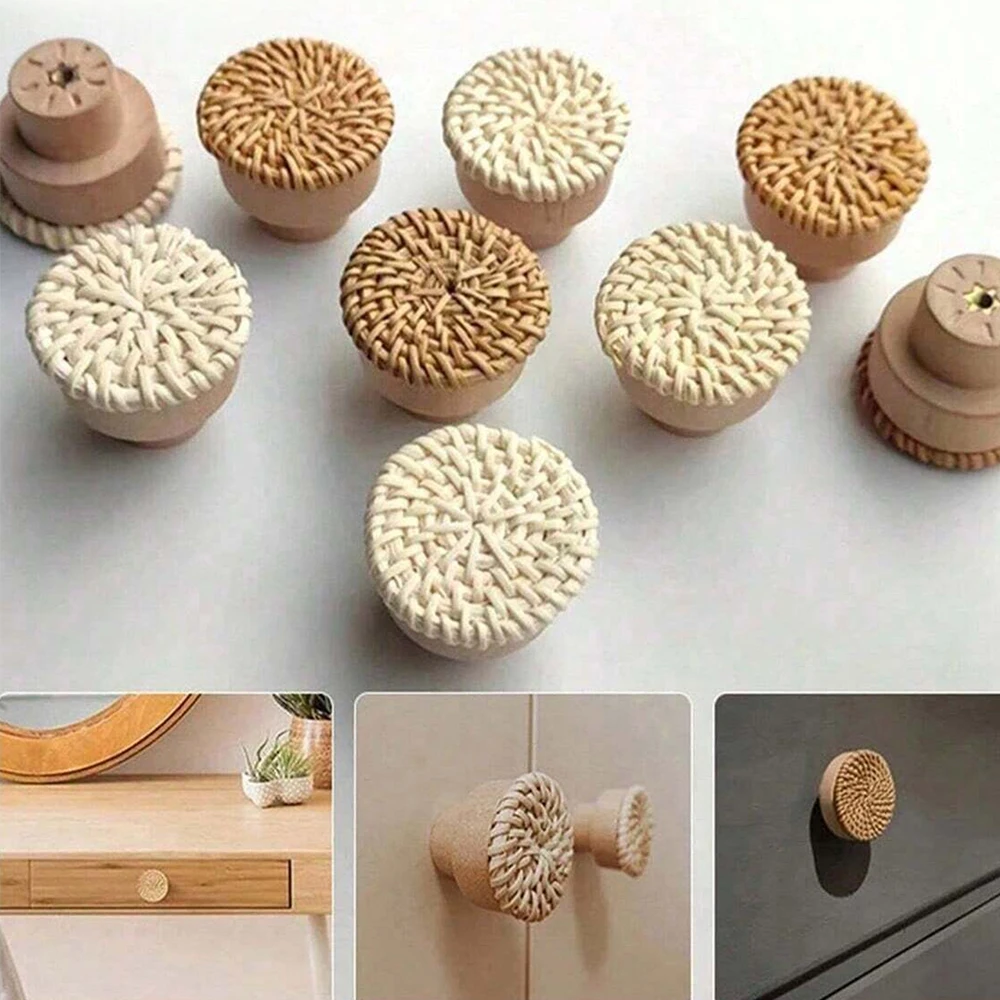 Boho ลูกบิดหวายไม้จับ Handmade หวายทอรอบตู้ Knobs ดึงตู้เสื้อผ้าลิ้นชักจับพร้อมสกรู 1