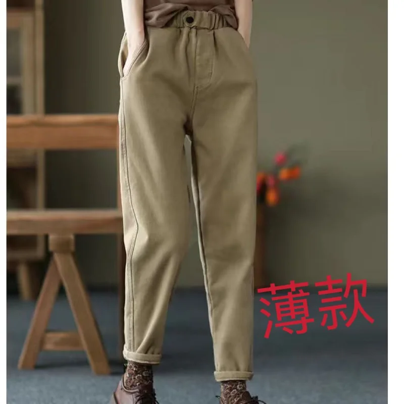 Women Winter New Elastic Waist Harlan Pants Fashion Retro Pockets Pure Cotton Fleece Thickened Warm Loose Versatile Casual Pants