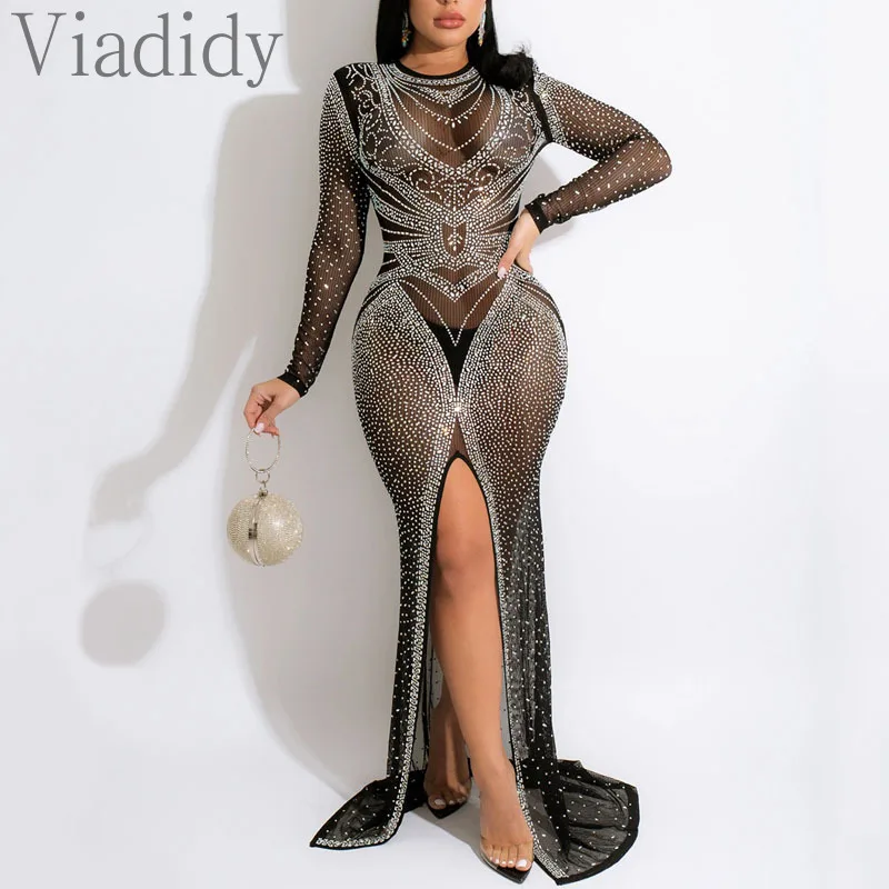 

Women Sexy Solid Color See Through Sheer Mesh Long Sleeve Rhinestone Decor Maxi Party Dress