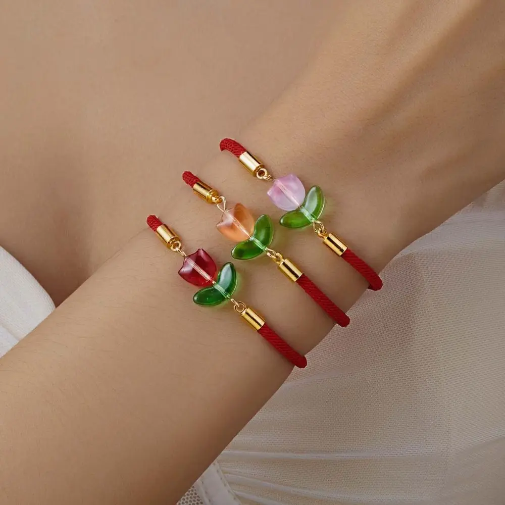 

Vintage Tulip Flower Bracelet Sweet Adjustable Red Rope Hand Chain Elegant Minimalist Flower Charm Bracelet Women