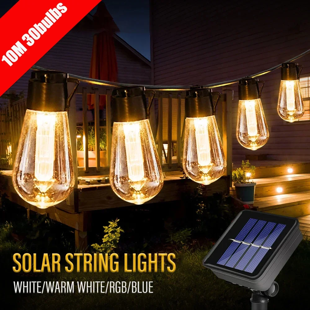 10M Led Solar String Lights Ip65 Waterproof Outdoor Christmas Decoration Bulb Retro Holiday Garland Garden Furniture Fairy Lamp