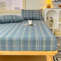 1pc 100%Cotton Bed Sheet with Elastic Band Japanese Style Plaid Printed Fitted Sheet Single/Queen/King  Bedsheet for Double Bed 1