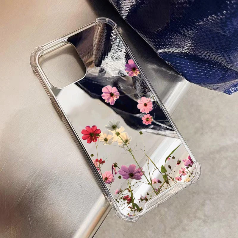Chic Floral Mirror Shockproof Soft Phone Case with Makeup Feature