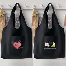Casual Cartoon Black Shoulder Bag Woman Handbag Cute Little Nurse Pattern Printing Basic Tote Bag Canvas Trend Soft Commuter Bag