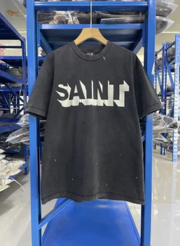 Vintage Saint 25SS High Quality Letter Printed Pattern High Street Casual Loose Cotton T-shirt Washed Oversized Men's Tops 1