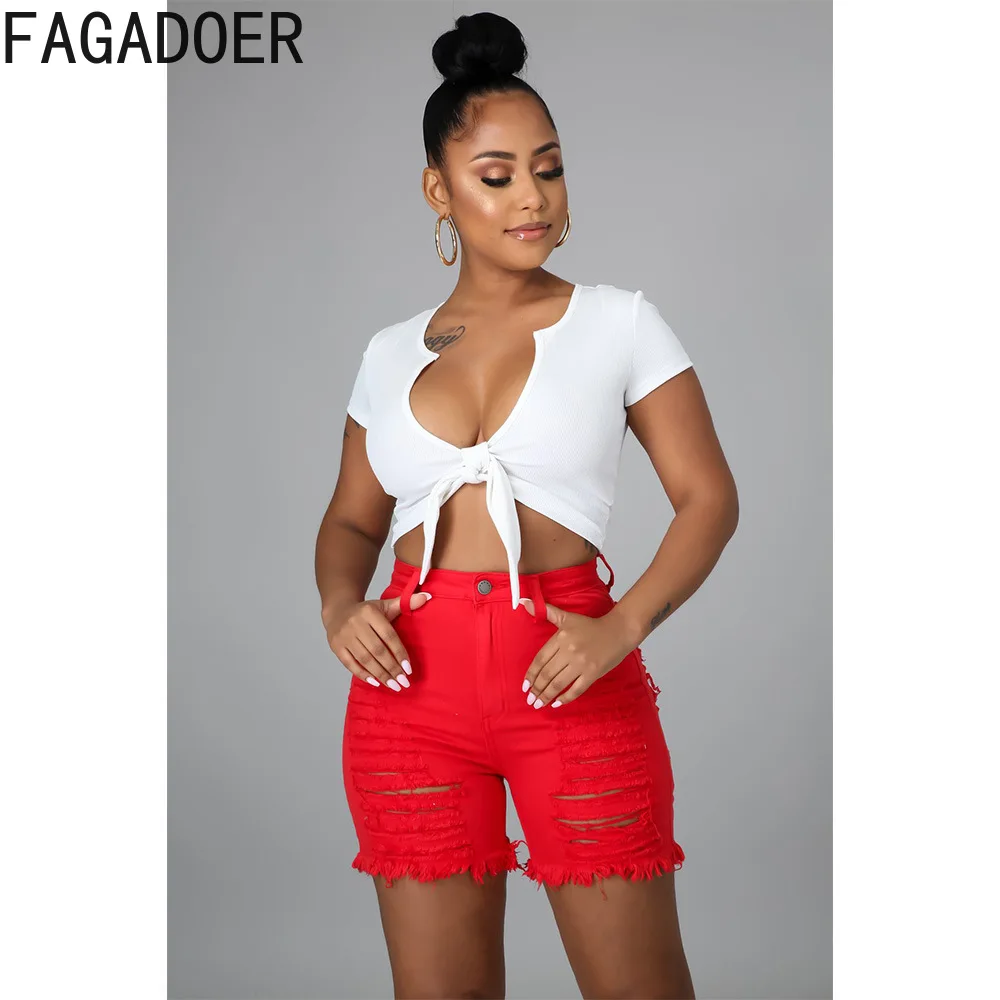FAGADOER Fashion Denim Hollow Out Skinny Shorts Women High Waist Button Pocket Elasticity Shorts Casual Female Matching Bottoms