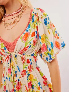 Women Mini Dress Floral Print Tie-Up Front Short Sleeve Dress Summer Casual A-line Dress 5