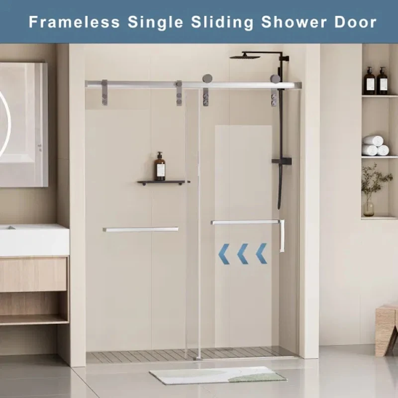 48 in. W X 76 in. H Frameless Shower Door Single Sliding Shower Door  5/16" (8mm) Clear Tempered Glass Shower Door with Exp 3