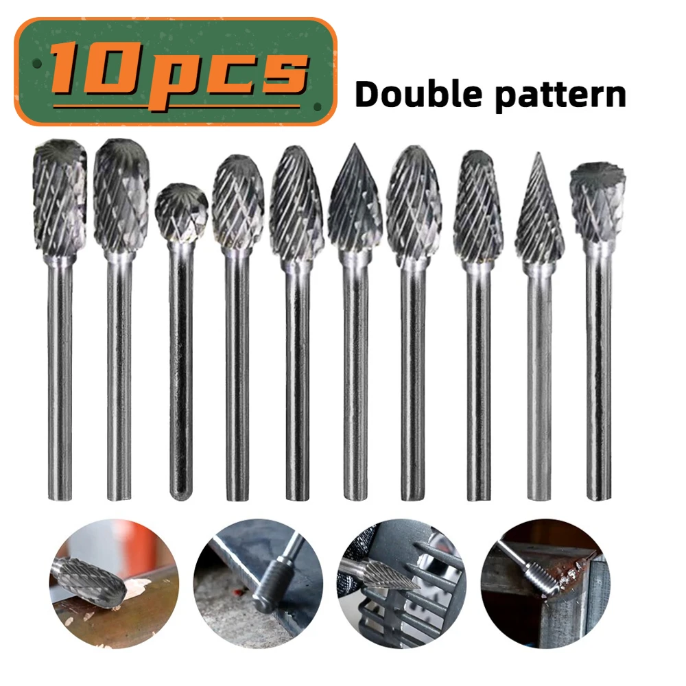 

10Pcs Wood Milling Cutter Grinding Carbide Tungsten Steel Double Rotary File Head Woodworking Grinding Head Root Carving Cutter