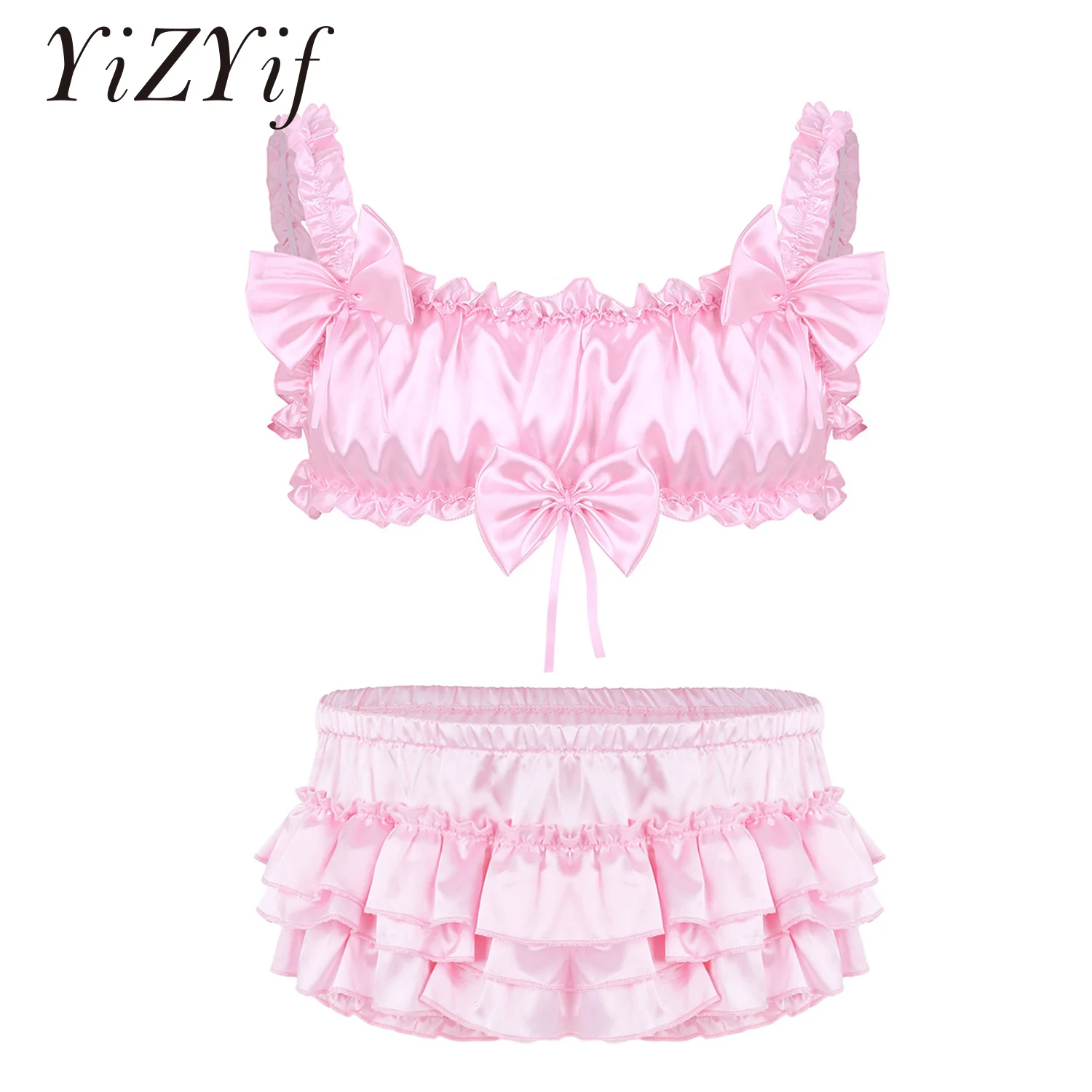 

Sissy Men Satin Lingerie Set Ruffled Frilly Bowknot Wire-free Bra Crop Top Bloomer Tiered Skirted Panties Sexy Gay Men Underwear