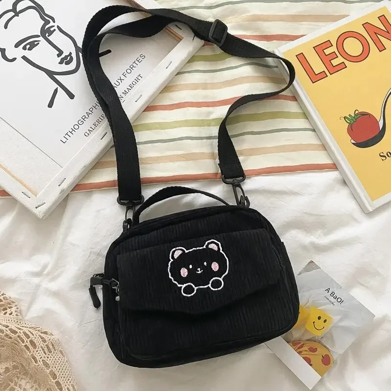 Personalized Teddy Bear Embroidered Diagonal Shoulder Bag, Corduroy Crossbody Bag, Cute Teen Canvas Bag,Harajuku Phone Pouch