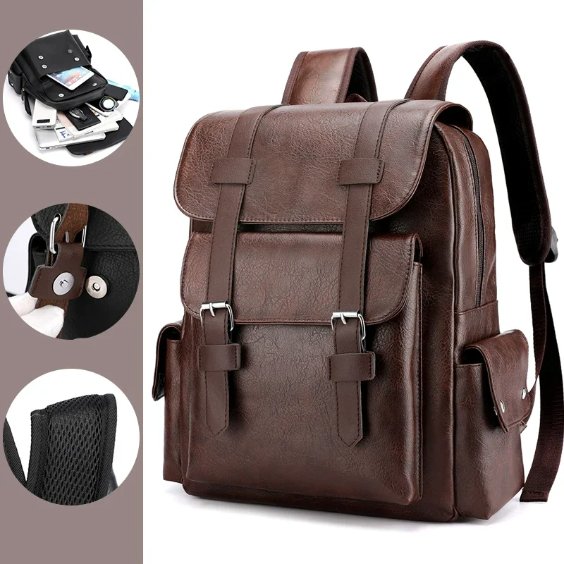 Men's Backpack PU Leather Bagpack Large 15.6" Laptop Backpacks Travel Multi Male Mochilas Black Schoolbag Hasp College Style