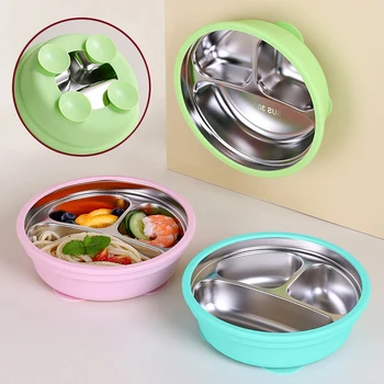 Children's Food Grade Silicone Stainless Steel Suction Plate Baby Feeding Bowl Cartoon Design Meal Plate Kids Dining Set