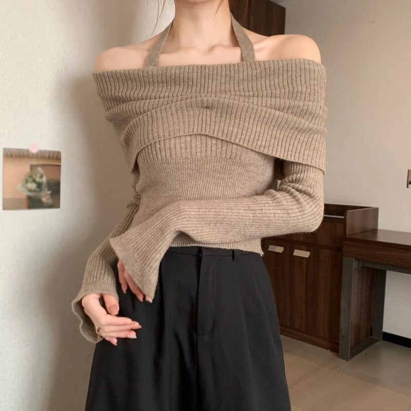 Women Pullover Halter Neck Long Sleeved Spring Autumn Fashion Korean Version Lazy Style Simple Sexy Solid