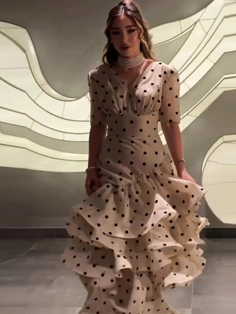 Retro Polka Dot Layered Flounce Dress Woman Sleeveless Hollow out Waist Cinching Maxi Robes Elegant Women's New Evening Dresses 5
