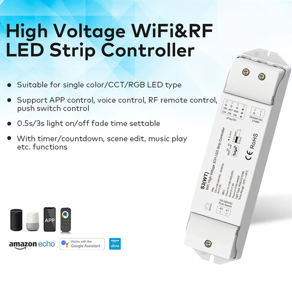ตัวควบคุมไฟ LED อัจฉริยะแรงดันสูง พร้อมระบบหรี่ไฟ Tuya WiFi ควบคุมด้วยเสียง สำหรับไฟ AC 110V 220V 230V แถบไฟ LED สีเดียว CCT RGB 1