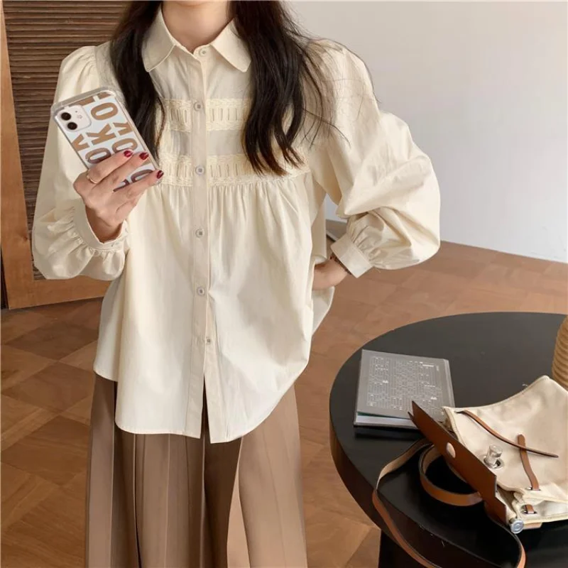 

QWEEK Elegant Female Blouse Vintage Lace Oversized Shirt Kawaii Harajuku Chic Long Puff Sleeve Top Korean Style Clothing Fashion