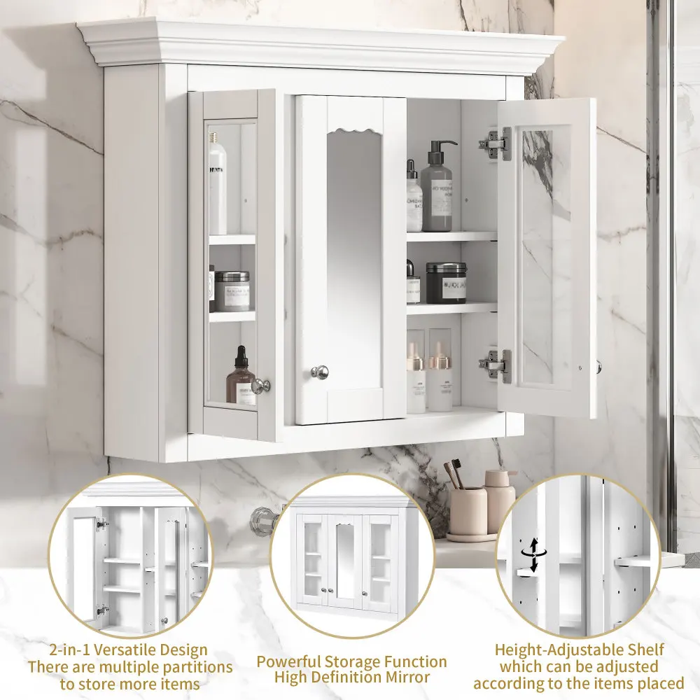 Wood Medicine Cabinet with Mirror Glass Door and Adjustable Shelves
