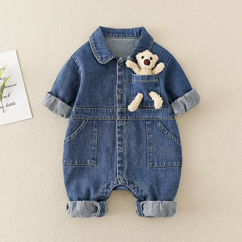 Spring Denim Baby Jumpsuit Cartoon Pocket Bear Romper for Boys Girls Newborn Overalls Korean Style Onesie Autumn Kids Clothing 2