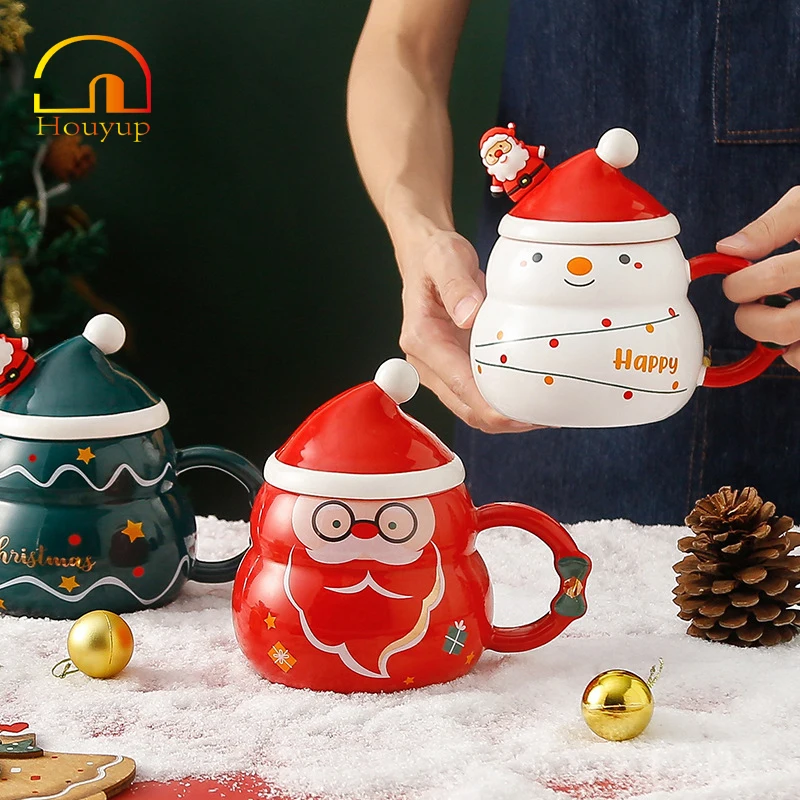 

480ML Newest Christmas Ceramic Mugs With Lid Spoon Santa Claus Figurines Creative Gift for Office Home Milk Coffee Couples Cup