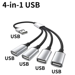 4 - Port Braided USB 2.0 Splitter Cable - 0.25M Charging & Data Sync Extension (4 - in - 1 USB)