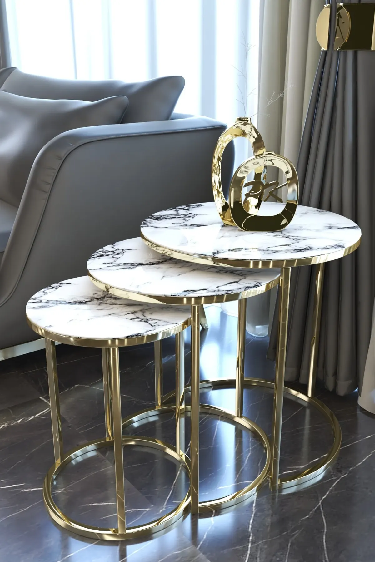 Gold Metal Nelling Table Unbreakable Marble Patterned 3 Piece Scandinavian Side Table Tea Coffee