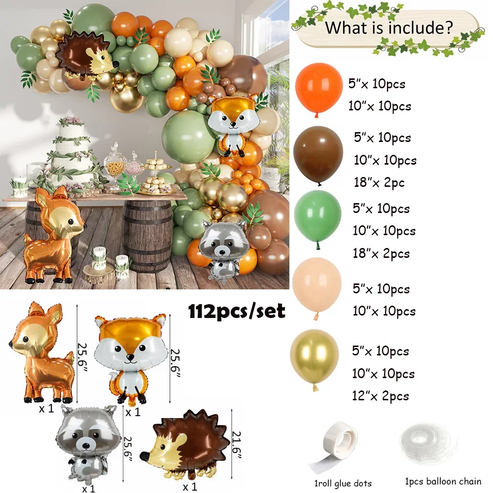 112Pcs Forest Animal Balloons Garland Arch Safari Jungle Theme for
