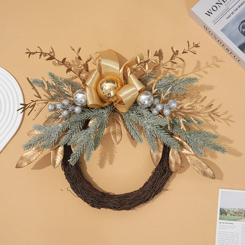 Christmas Wreath Pine Cones Snow Frost Pine Needles Golden Branches and Leaves Electroplated Ball Rattan Circle Door Hanging