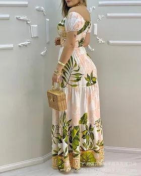Womens Dresses 2025 Summer New Fashion Plants Print Off Shoulder Short Sleeve Casual Hollow Out High Waist Vacation Long Dress 1