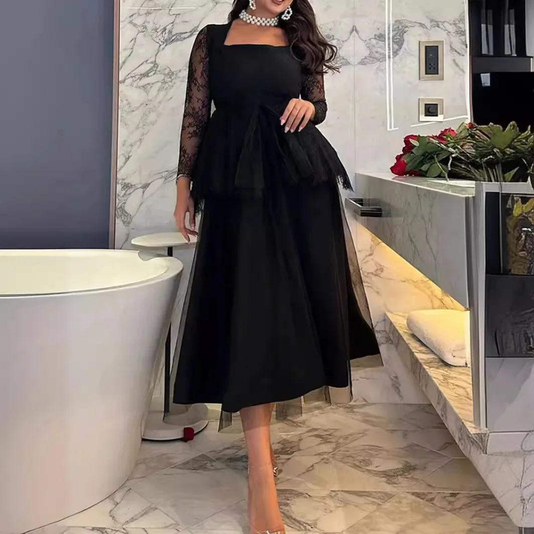 

Vestidos Ladies Elegant Black Lace Long Sleeve Casual Maxi Dress Square Neck Large Swing Dress 2024 New Spring Autumn Dresses