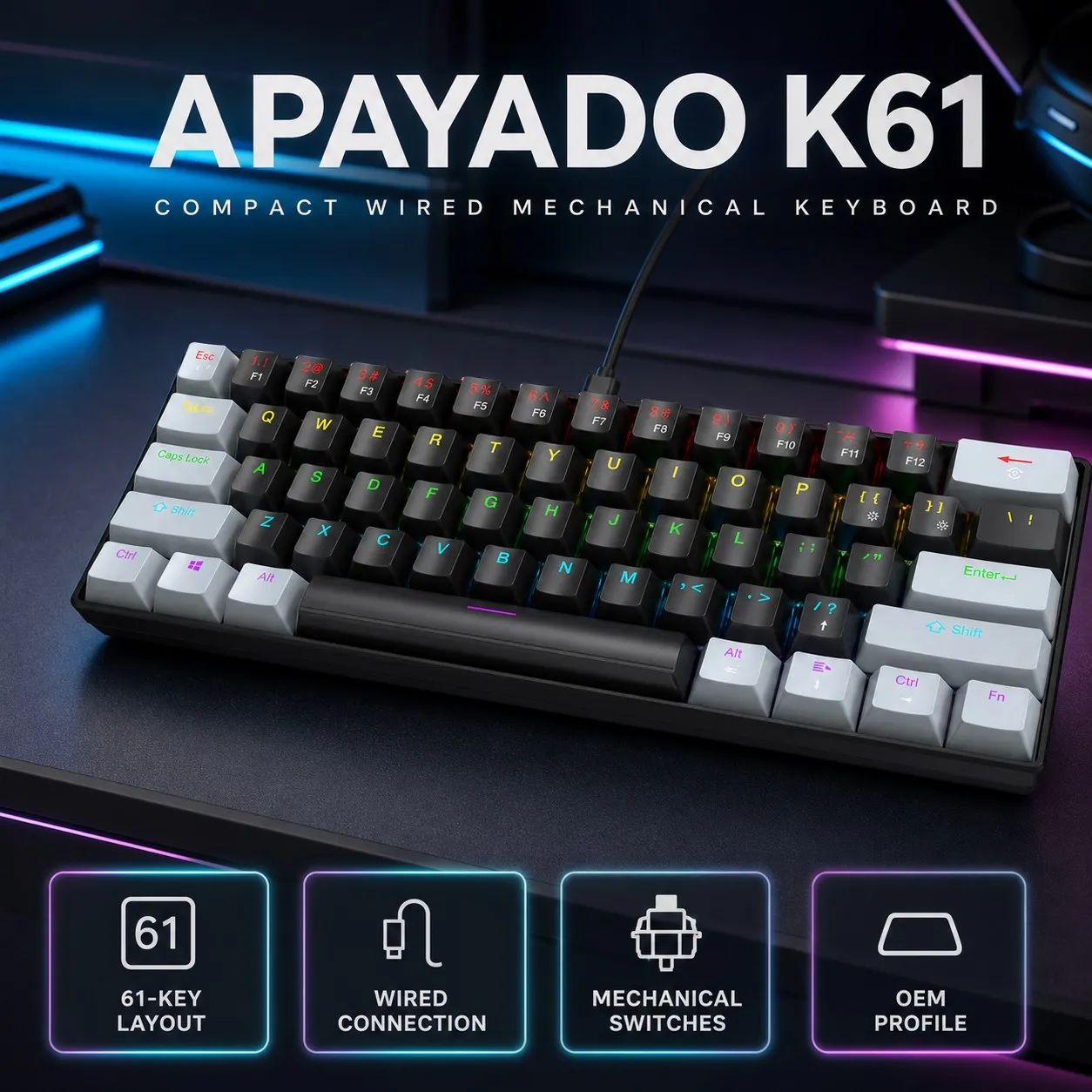 Wired Portable Mechanical Keyboard with RGB Lighting and Ergonomic Design for Gaming and Office Use