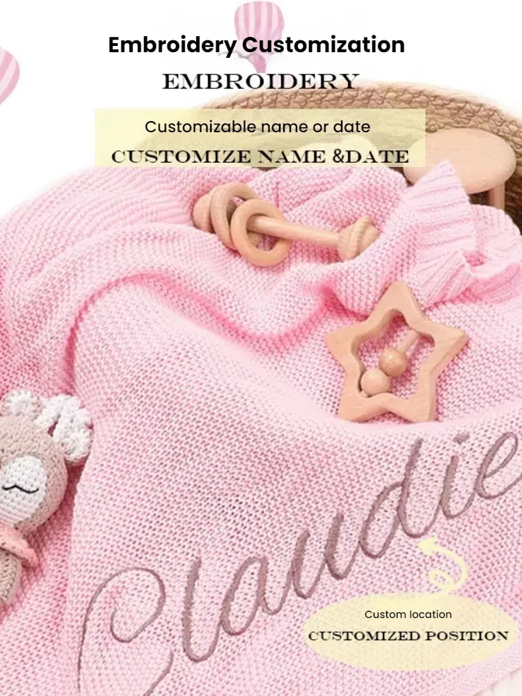 Personalized  letter Embroidered Newborn Custom name Nursery Baby Cotoon Knit Blanket Chunky Stroller Gifts for Boy Girl  Birthd 1