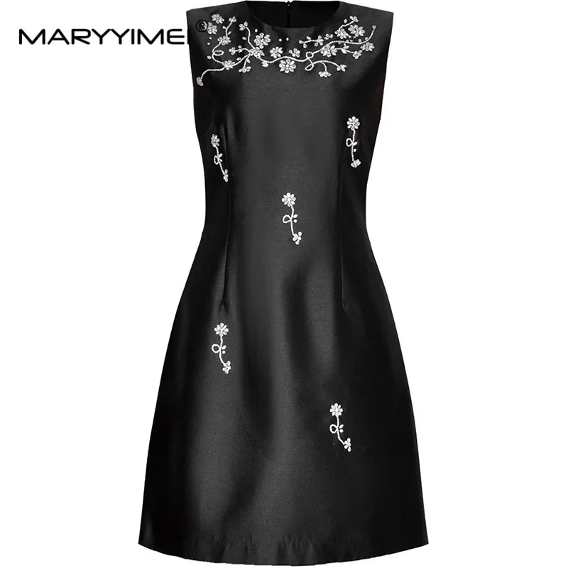 

MARYYIMEI Fashion Designer Spring Summer Women's Sleeveless Crystal Beading Dress High Street Black High Quality Dresses