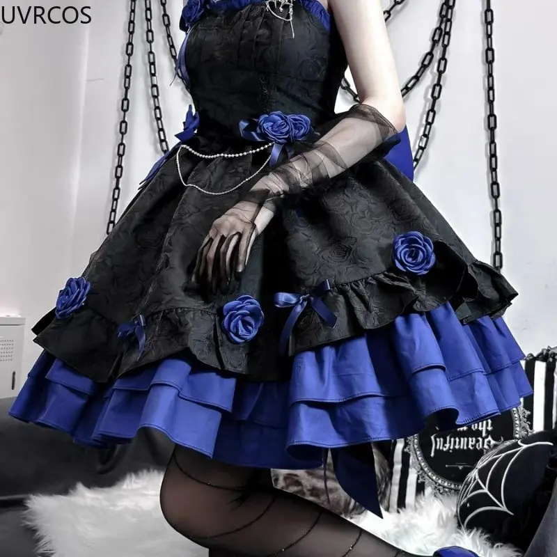 Lolita Suspender Dress Lolita Dress Lolita Cosplay Costumes Victorian Dark Gothic Lolita Jsk Dress Women Vintage Elegant Rose Flower Bow Princess Strap Dresses Girls Sweet Tea Party Dress