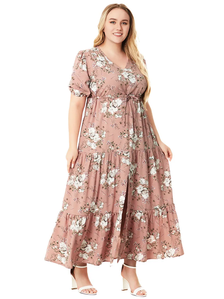 

Модные летние платья 2024 для женщин длинное платье с коротким рукавом женская элегантная одежда женская розовая зеленая одежда с цветочным принтом