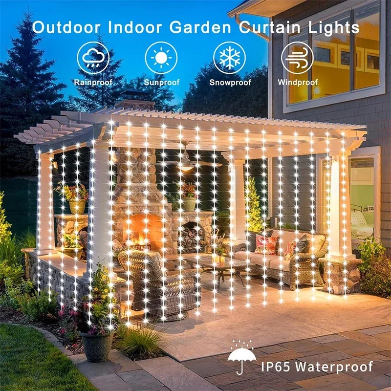 Outdoor Solar Curtain Light 3x3M 300Leds Holiday Decorations Garland 8 Modes Halloween Christmas Party Decor String Lights - Image 3