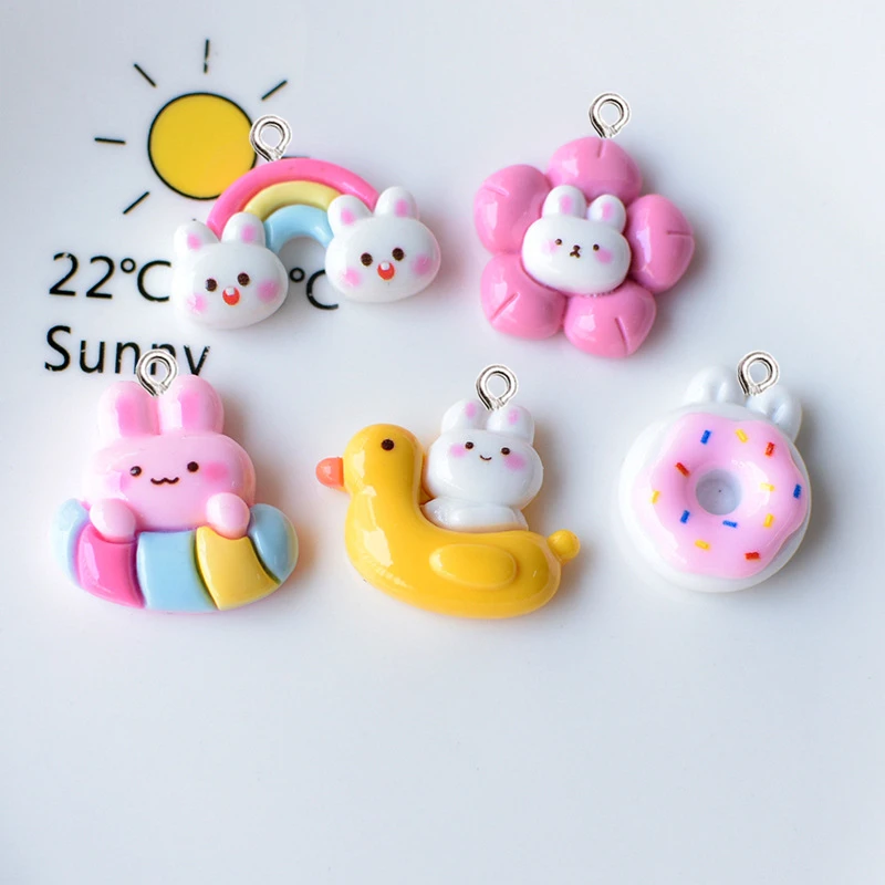 

10Pcs Cute Rabbit Rainbow Flatback Resin Pendant DIY Jewelry Hairpin Making Findings Keychain Craft Supplies Hanging Accessories