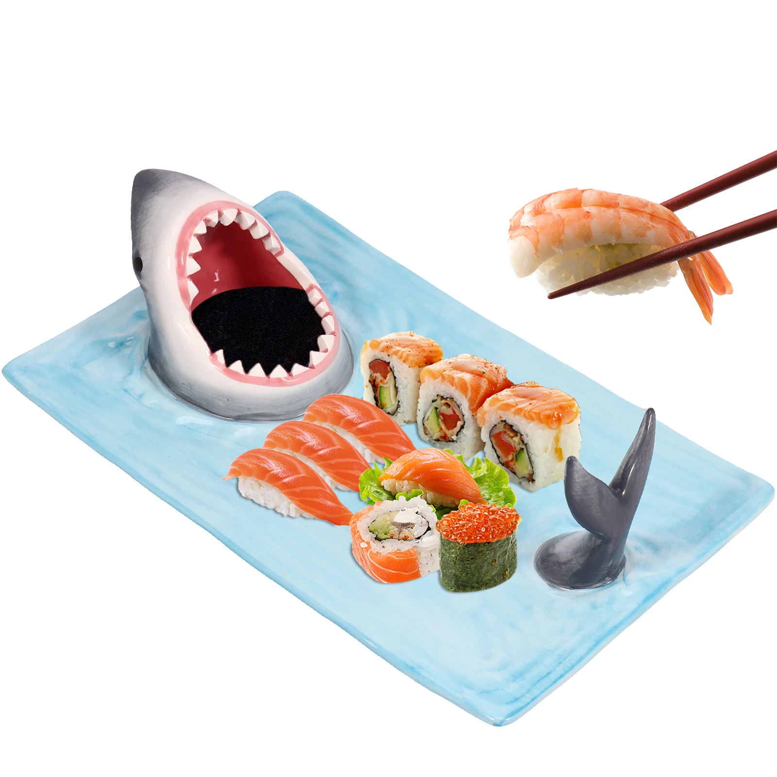 Sushi Serving Plate Ceramic Shark Shape Porcelain Platter 12.9&times; 7.8&times;3.9 Inches Japanese Style Porcelain Food