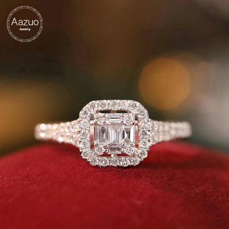 Aazuo 18K Solik White Gold Real Diamond 0.60ct H Classic Square Wedding Ring Gift For Women Luxury Engagement Halo anillos mujer