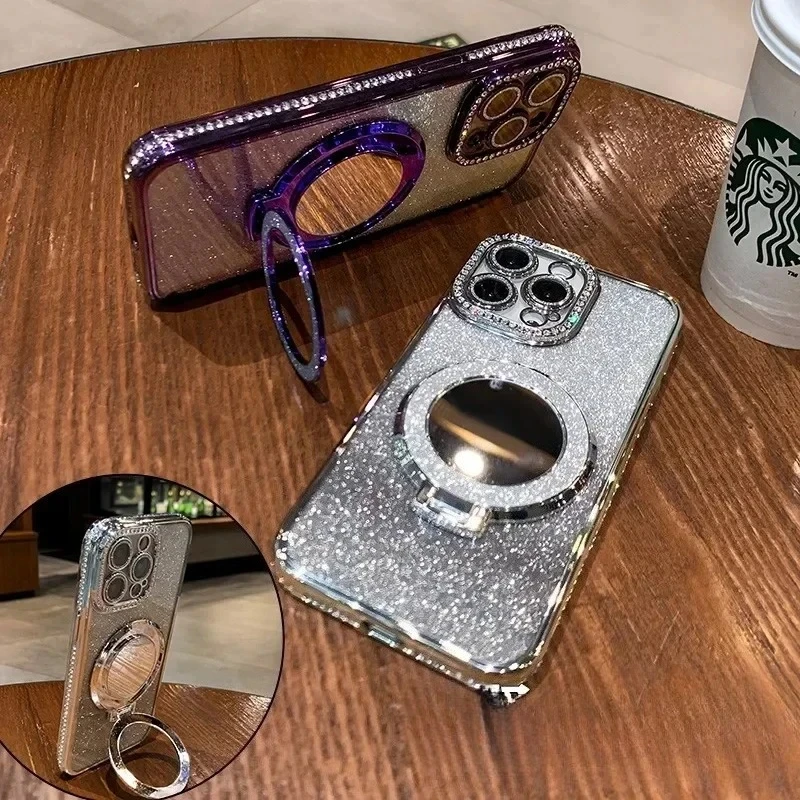 Luxury Diamond Clear Glitter Phone Case with Mirror and Magnetic Holder Stand