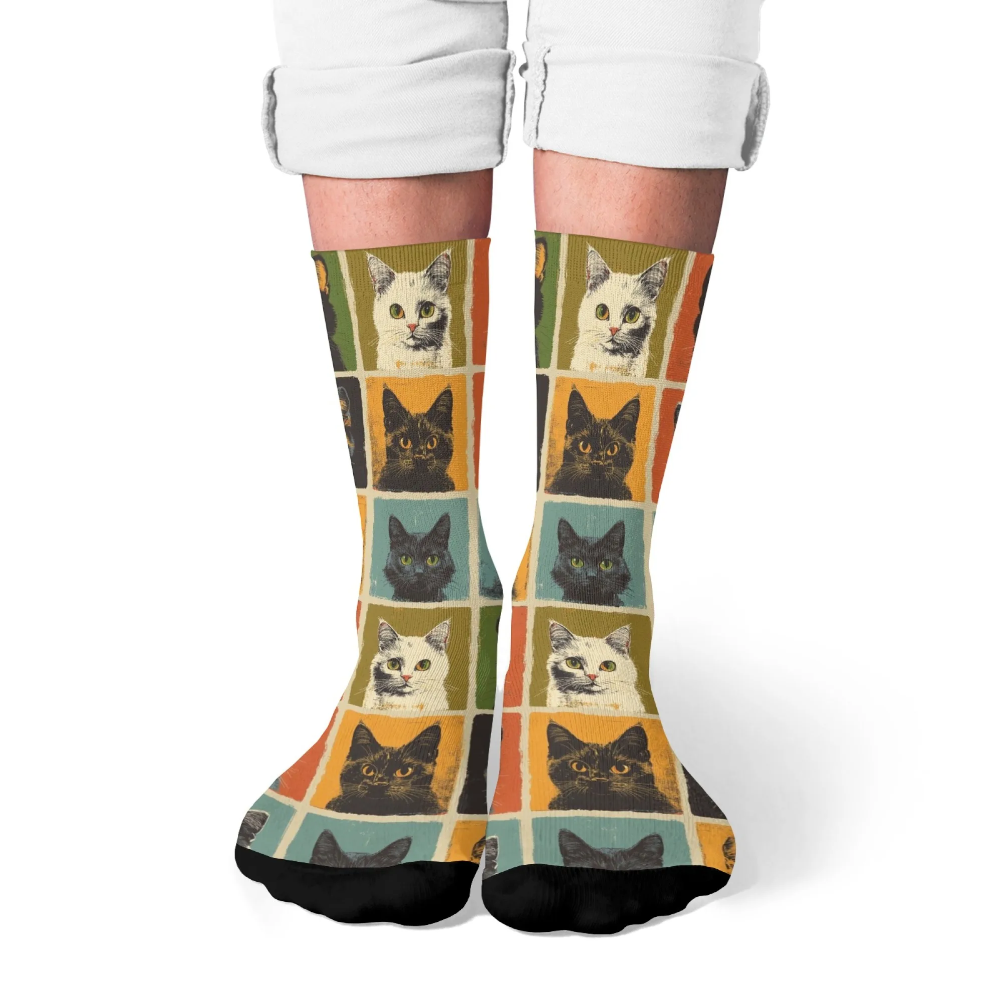 Retro Pop Art Cat Men's Novelty Crew Socks - Fun, Comfortable & Breathable for Any Occasion
